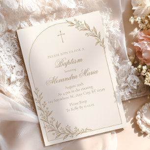 Invitación Bautismo de Cruz Botánica Ivory Gold