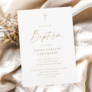 Invitación Bautismo de Cruz de Oro con Letra Moderna y Elegan