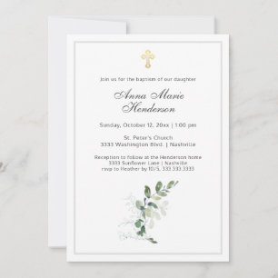 Invitación Bautismo de Cruz Dorada con Verde de Eucalipto