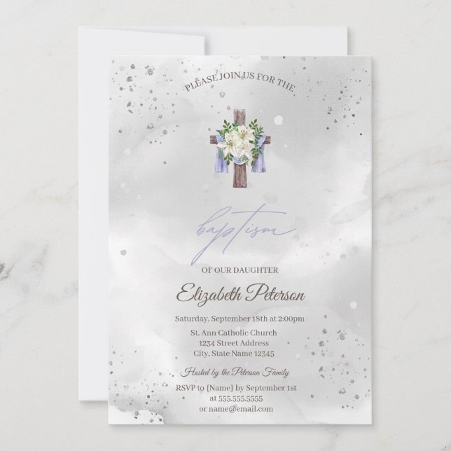 Invitación Bautismo de cruz floral (Anverso)