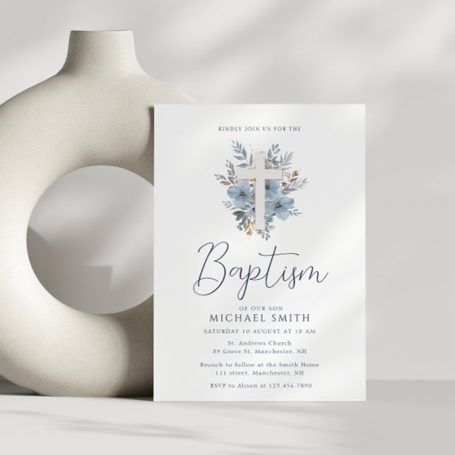 Invitación bautismo de cruz floral azul polvoriento (Subido por el creador)