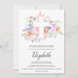 Invitación Bautismo de cruz floral rosa pastel suave