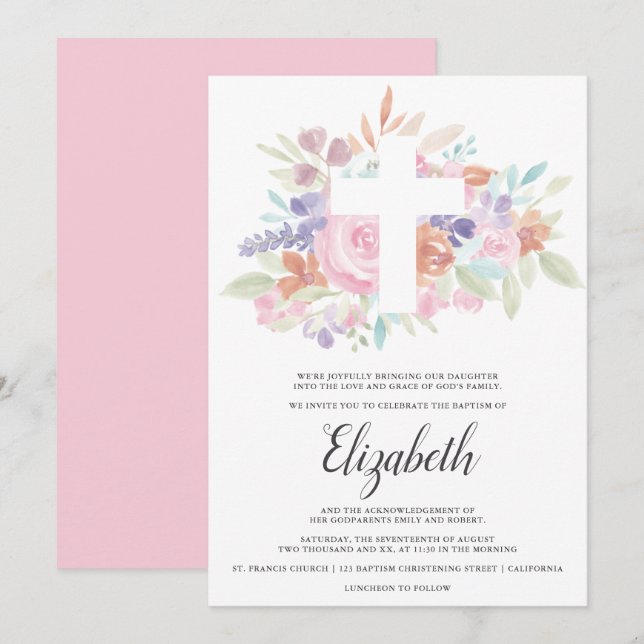 Invitación Bautismo de cruz floral rosa pastel suave (Anverso / Reverso)