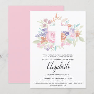 Invitación Bautismo de cruz floral rosa pastel suave
