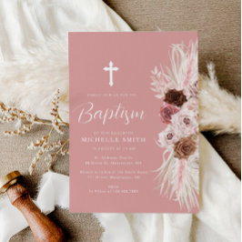 Invitación bautismo de cruz floral rosa polvoriento