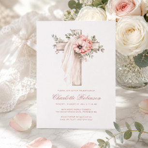 Invitación Bautismo de cruz floral rosa rubor