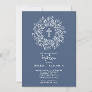 Invitación Bautismo de Cruz Religiosa Azul Elegante