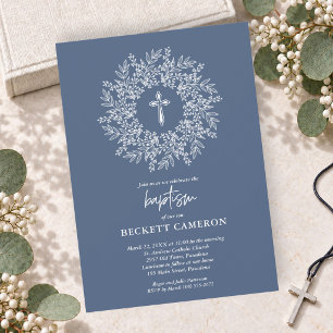 Invitación Bautismo de Cruz Religiosa Azul Elegante