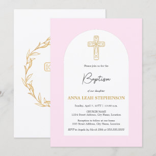 Invitación Bautismo de Cruz Rosa y Dorado Minimalista