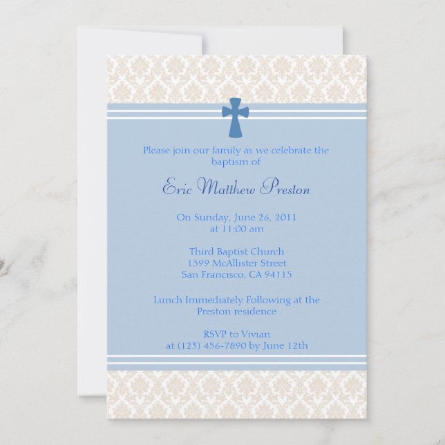 Invitación Bautismo de Damasco Azul/Invitación a la cristiand (Anverso)