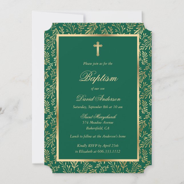 Invitación Bautismo de ecología de cruces de oro verde esmera (Anverso)