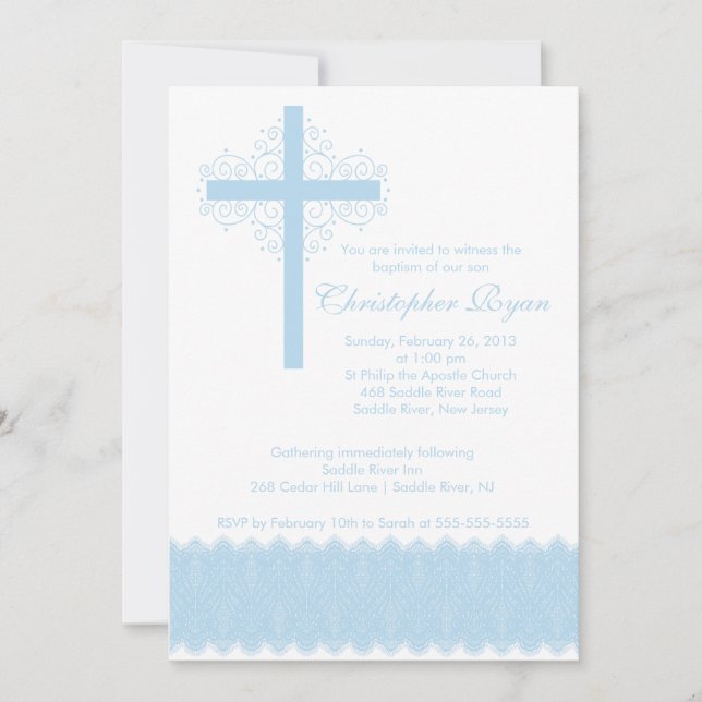 Invitación Bautismo de encaje elegante| Cruz de cristalizació (Anverso)