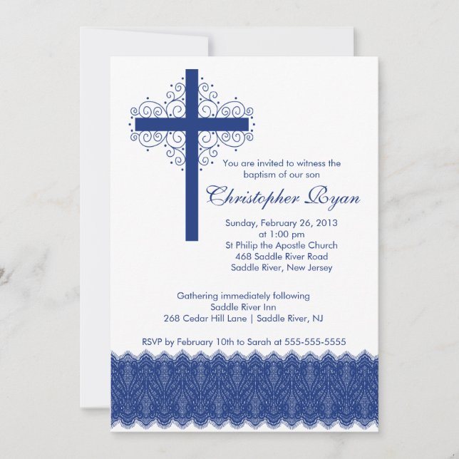 Invitación Bautismo de encaje elegante| Cruz de cristalizació (Anverso)
