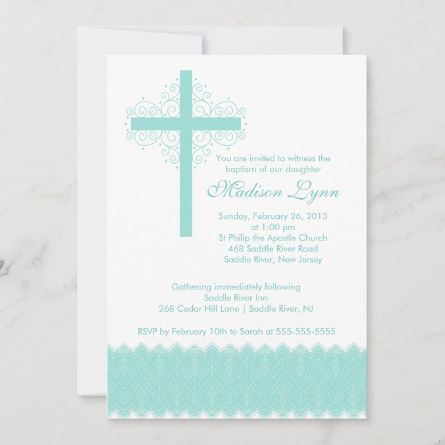 Invitación Bautismo de encaje elegante| Cruz de cristalizació (Anverso)