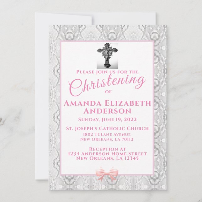 Invitación Bautismo de encaje rosado/Invitación a la cristian (Anverso)