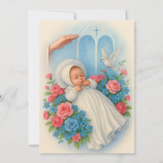 Invitación Bautismo de época Bebé Floral Azul rosa Espíritu S (Reverso)