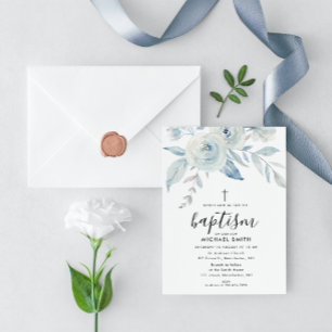 Invitación bautismo de escritura floral azul