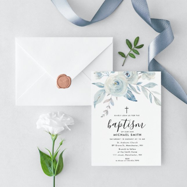 Invitación bautismo de escritura floral azul (Subido por el creador)