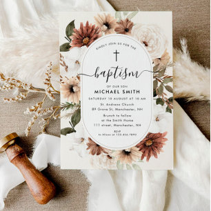 Invitación bautismo de escritura floral boho