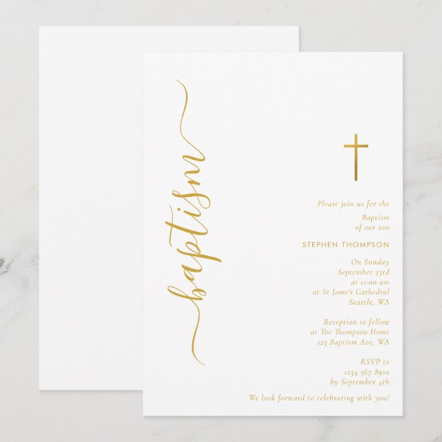 Invitación Bautismo de estilo blanco y dorado con escritura m (Anverso / Reverso)