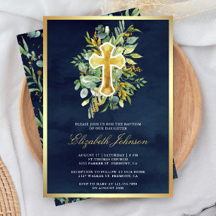 Invitación Bautismo de eucalipto rústico azul marino dorado