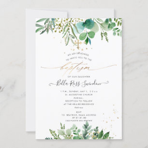 Invitación Bautismo de eucalipto verde acuarela de PixDezines