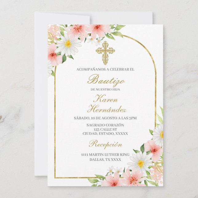 Invitación Bautismo de flor de primavera español (Anverso)
