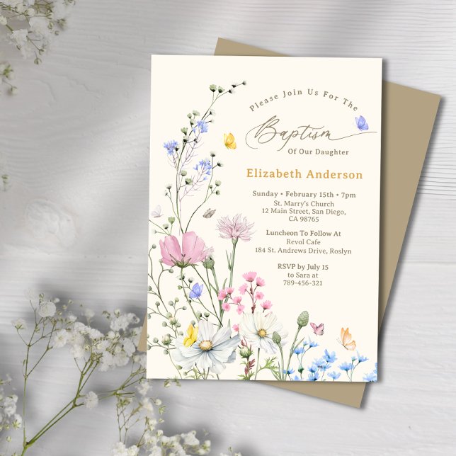 Invitación Bautismo de flor silvestre rosa y azul pastel (Pastel Pink & Blue Whimsical Wildflower Baptism Invitation)