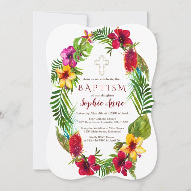 Invitación Bautismo de flor tropical hawaiano radiante tropic (Anverso)