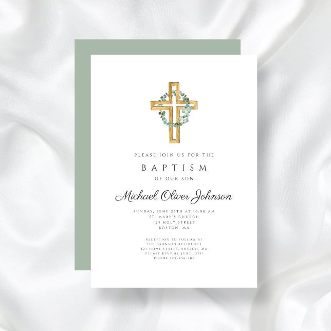 Invitación Bautismo de flor verde de cruz religiosa (Religious Cross Sage Green Floral Wreath Baptism Invitation)