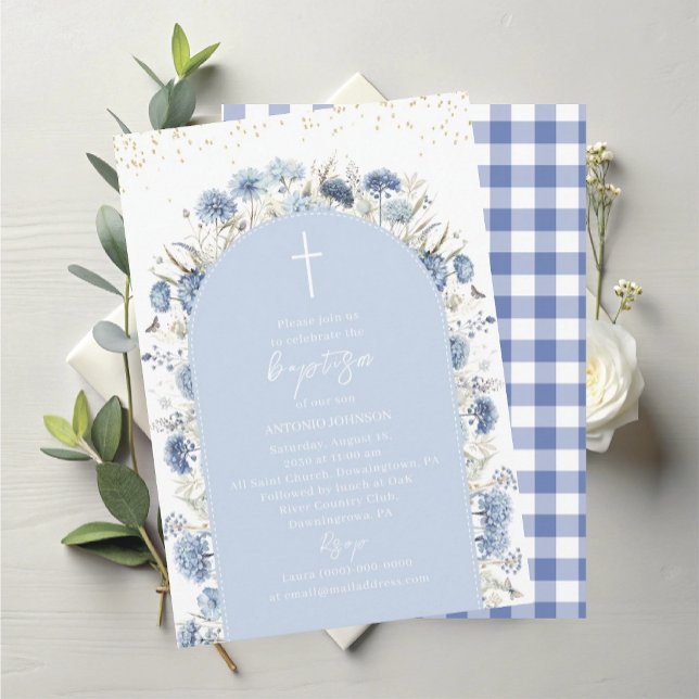 Invitación Bautismo de flores azules de acuarela moderna eleg (Subido por el creador)