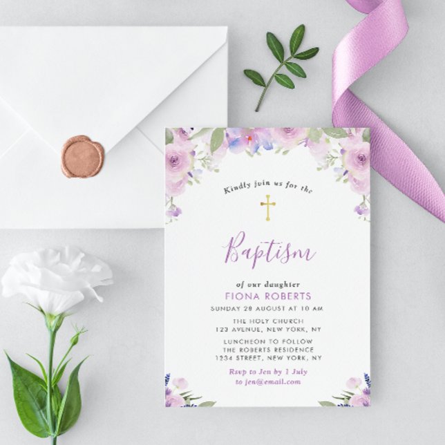 Invitación bautismo de flores púrpura lavanda (Subido por el creador)