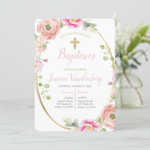 Invitación Bautismo de flores rosadas