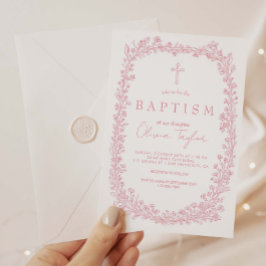 Invitación Bautismo de flores vintage en rosa