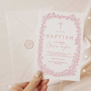 Invitación Bautismo de flores vintage en rosa