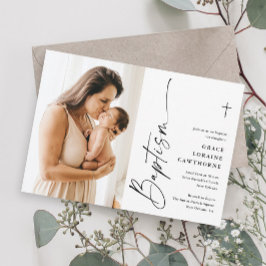 Invitación Bautismo de Foto Blanco Escritura Moderna y Elegan