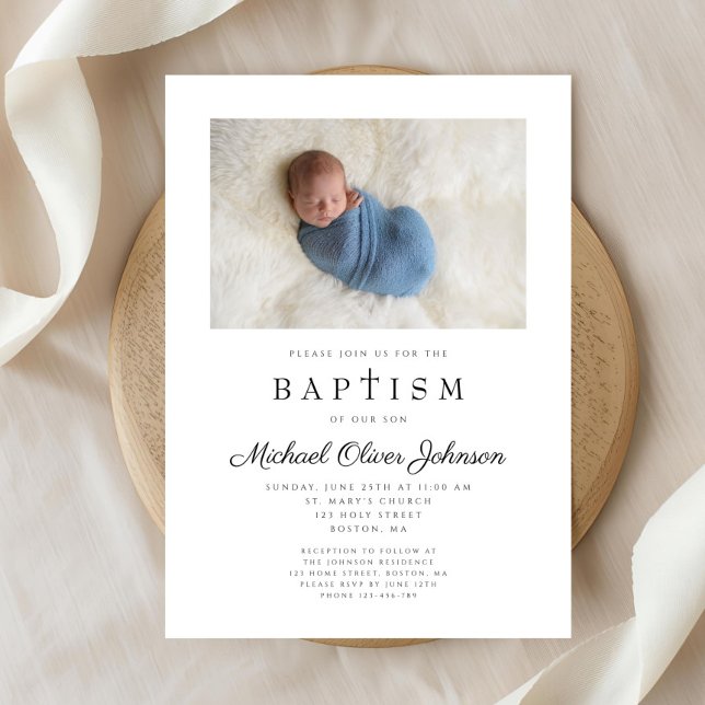 Invitación Bautismo de foto de chico de corte religioso (Religious Cross Boy Photo Baptism Invitation)