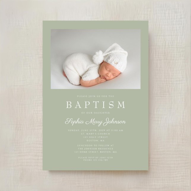 Invitación Bautismo de foto moderna verde sabio (Sage Green Modern Photo Baptism Invitation)