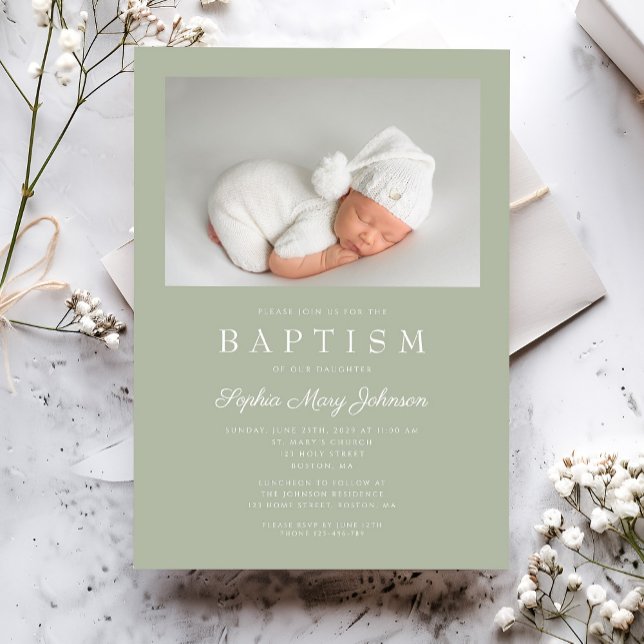 Invitación Bautismo de foto moderna verde sabio (Sage Green Modern Photo Baptism Invitation)