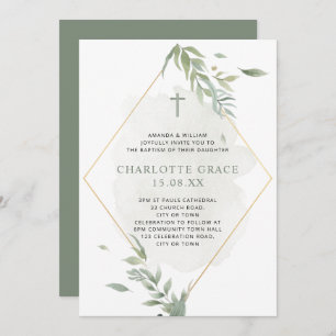 Invitación Bautismo de fusión de acuarela de color verde y or