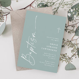 Invitación Bautismo de género neutral en verde sage con guión