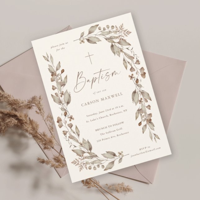 Invitación Bautismo de género neutral floral de flores silves (Boho wildflower elegant ivory gender neutral baptism christening invitation.)