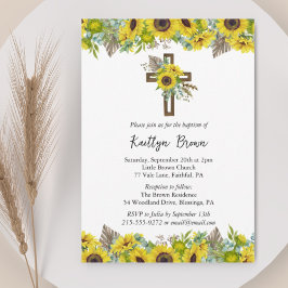 Invitación Bautismo de girasoles boho y cruz de madera rústic