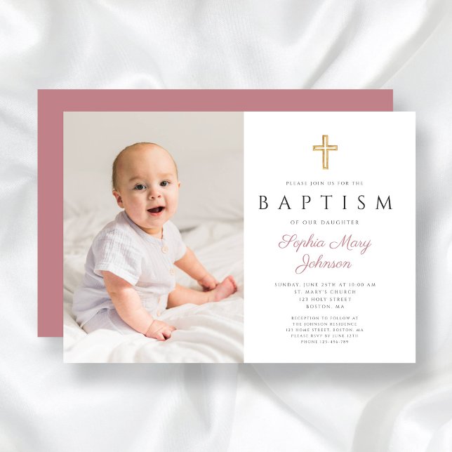 Invitación Bautismo de imagen entre Chicas religiosos rosados (Modern Pink Religious Cross Girl Photo Baptism Invitation)