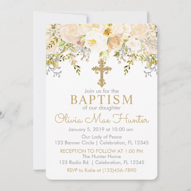 Invitación Bautismo de jardín floral crema y oro (Anverso)