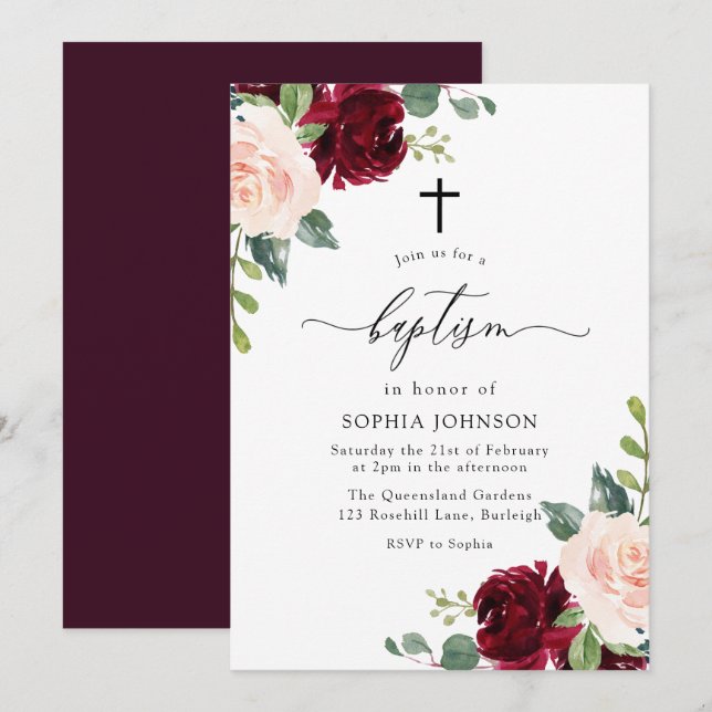 Invitación Bautismo de la Cruz Roja Floral Rosa de Rubor (Anverso / Reverso)