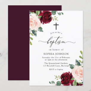Invitación Bautismo de la Cruz Roja Floral Rosa de Rubor