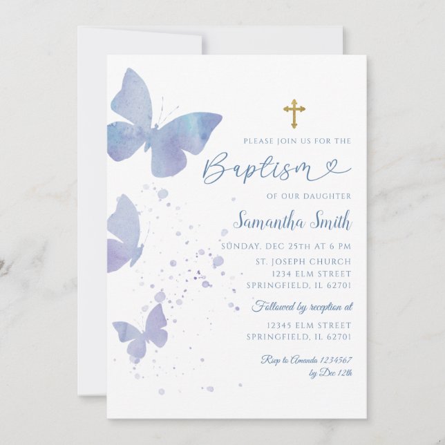 Invitación Bautismo de la mariposa Minimalista azul y lílica (Anverso)