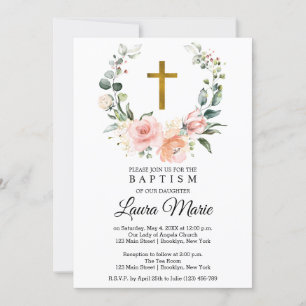 Invitación Bautismo de las flores rosadas de color de agua