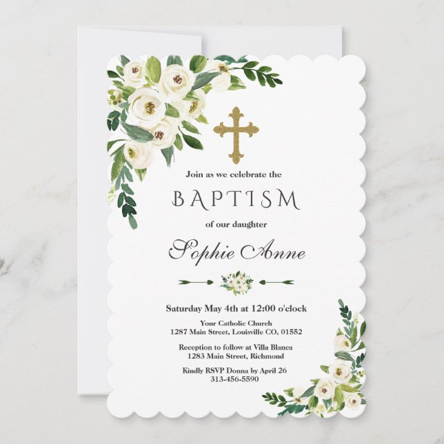 Invitación Bautismo de las fonias florales modernas en flor b (Anverso)